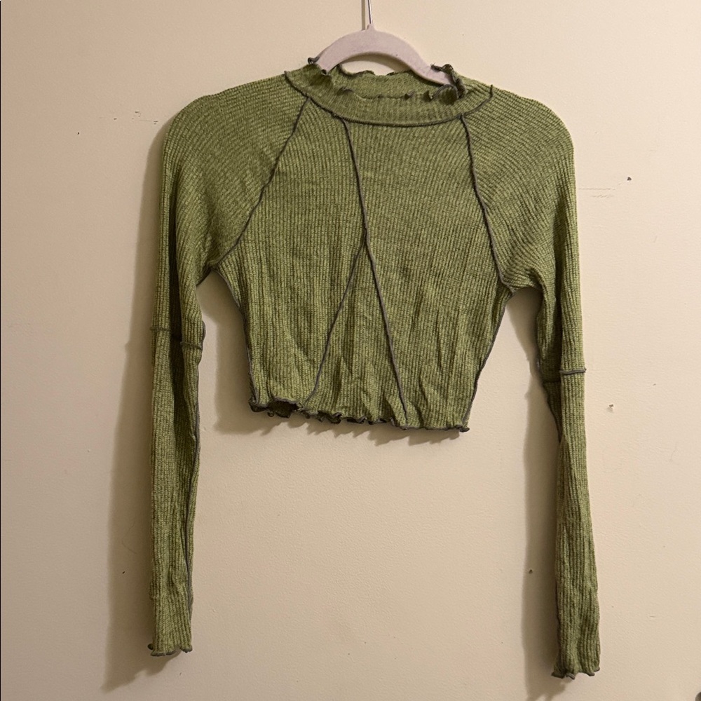 RSQ Olive Green Ribbed Cropped Long-Sleeve Top